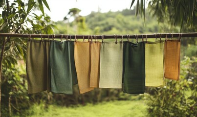 Renewable bamboo fiber clothing hanging on a line in a natural setting, emphasizing sustainability, bamboo fibers, ecofriendly fashion