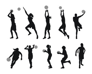Womens basketball, girl players standing with the ball, running, jumping, throwing, dunking, shooting, passing the ball, set