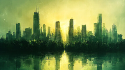 Green coloured cityscape with skyscrapers towering over a lush forest reflecting in the water at sunset