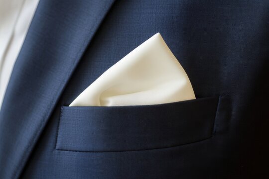 Elegant white folded pocket square display in classic suit mockup photography shot