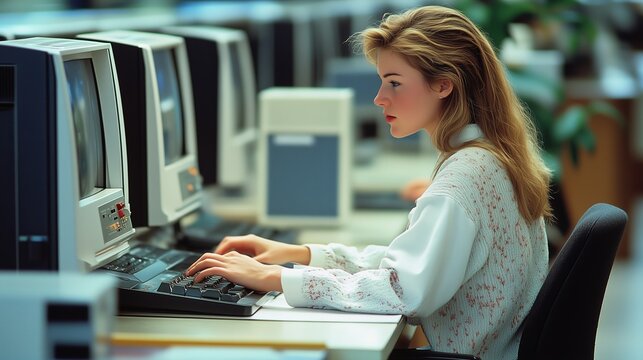 Young woman focused on typing at a computer in a busy office environment during the early 1990s