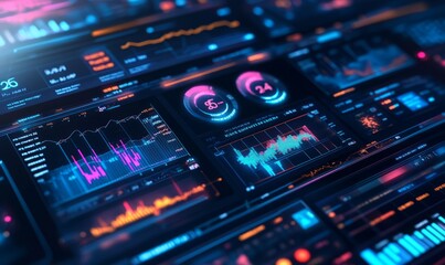 Obraz premium Risk mitigation dashboard, virtual hologram interface, futuristic corporate background