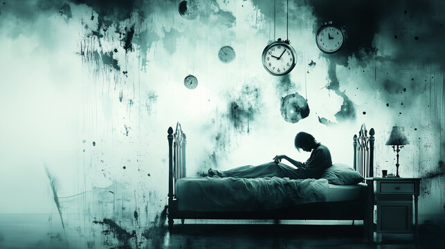Man is suffering from insomnia, trying to sleep while surrounded by clocks