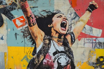 Empowered woman advocating for equality  a striking urban graffiti collage of rebel spirit