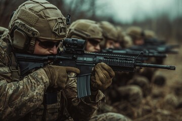 Fototapeta premium Dynamic image of army soldiers engaged in combat and defending their nation with firearms