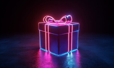 Neon holographic giftbox. Present gift box with bow glowing in the dark. Celebration symbol, discount, Black Friday Sale, giveaway and sale concept
