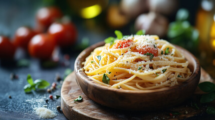 Italian spaghetti with aglio, olio, cherry tomatoes, basil and parmesan