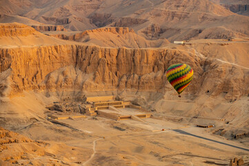 Hot air balloon flying over the Luxor temple in Egypt