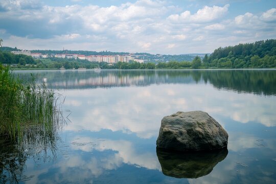 Stunning view of black mal mor vka lake in ostrava with forest and city under a clear sky