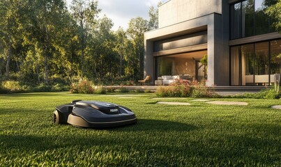 Next-gen robotic lawn mower in a well-manicured yard