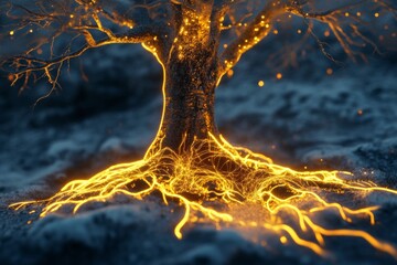 Naklejka premium Abstract 3d tree with illuminated roots and branches representing deep environmental connections