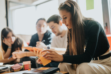A group of focused students working together on a school project, surrounded by papers and books....