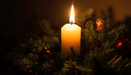 Lit Candle with Christmas Garland and Ornaments in Dark Setting