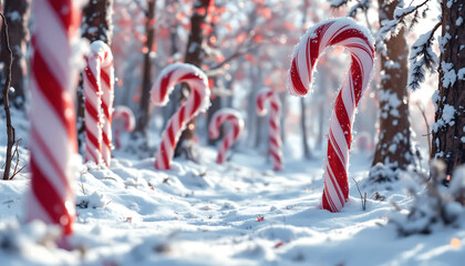 Giant Candy Canes in Snowy Winter Forest