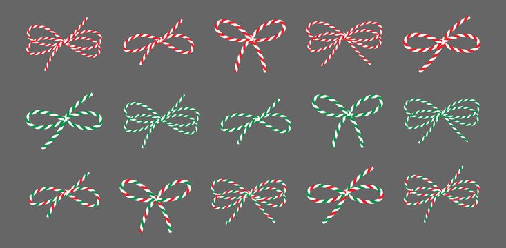 Set isolated on grey background сotton striped red, green rope bakers twine bow, ribbons for gift. Packing string for present, decoration, pastry boxes for Christmas, New Year, birthday. Vector EPS10