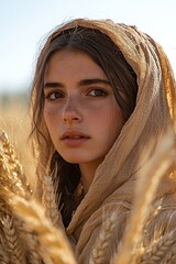 A vivid scene of Ruth gleaning in the fields of Boaz, surrounded by golden sheaves of wheat under a clear sky, her face reflecting determination and kindness as she gathers grain with care.

