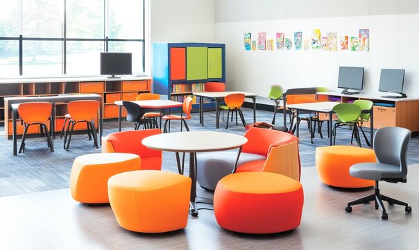 This special education classroom features vibrant furniture arranged in flexible seating configurations, promoting a nurturing and engaging learning environment