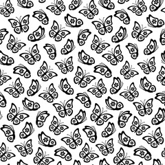 Seamless black and white pattern of stylized butterflies with floral elements in a minimalist style. Elegant vector background is perfect for spring and summer nature-inspired modern designs 