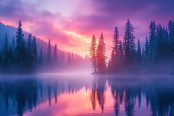 Fototapeta premium Vibrant landscape colorful sky above foggy lake with reflecting pine trees on the shore