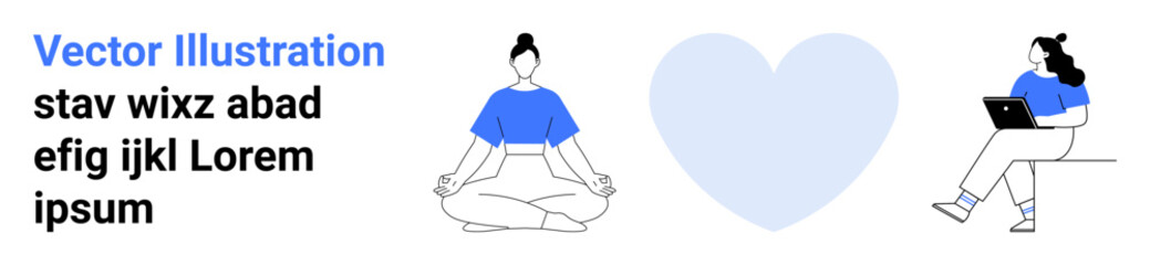 Two women represent balance one meditates peacefully, and the other works on a laptop. A large heart symbolizes harmony. Ideal for wellness, productivity, mindfulness, self-care, mental health