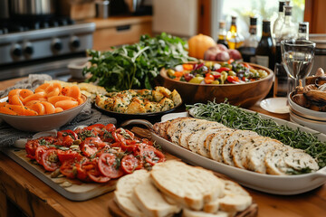 Obraz premium A beautifully arranged table featuring a variety of fresh dishes and beverages for a memorable gathering at home