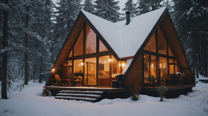 The cozy interior of an A-frame house, a warm room during the winter