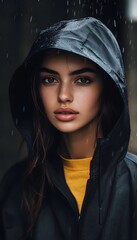 A model in a stylish raincoat posing in rainy weather