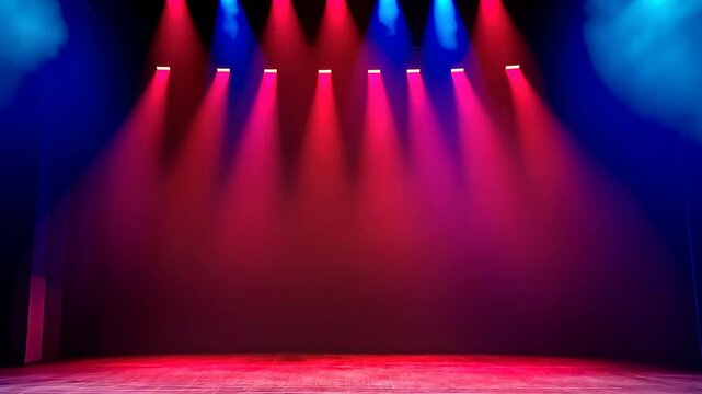 A theater stage bathed in vibrant blue and red lights, awaiting performers. The setting is empty, offering a sense of anticipation and the creative potential of performing arts.