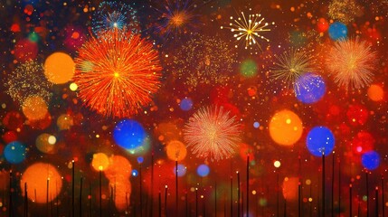 A dynamic display of fireworks and colorful lights against a dark background, creating a festive and celebratory atmosphere.
