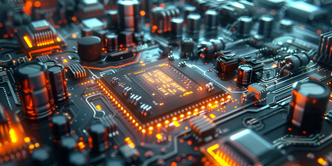 Obraz premium Microchip Circuit Board with Orange LED Lighting, Close-Up of High-Tech Electronic Circuit 