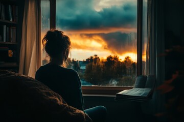 A cozy sanctuary  finding inner peace in a stormy sky through warm interior lighting