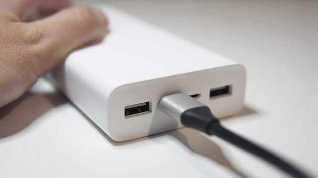 A close look at a sleek portable charger highlighting its USB ports, compact design, and practical features.