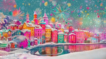 Obraz premium Colorful Fireworks Over Festive Snowy Scene In Old European Town Reflected In The Lake 