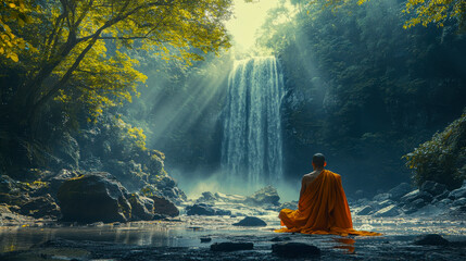 Fototapeta premium Monk meditating by waterfall in serene forest during daytime