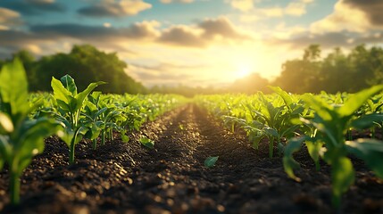 Organic field covered in diverse crops under sunlit open sky picture