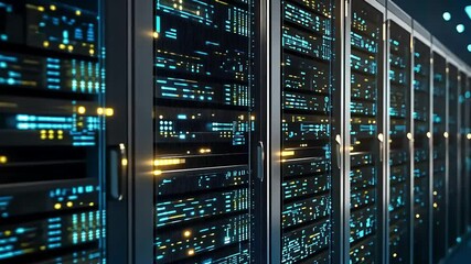 A close-up view of a modern data center filled with server racks, illuminated by vibrant blue and orange lights, showcasing advanced technology for data storage and processing.