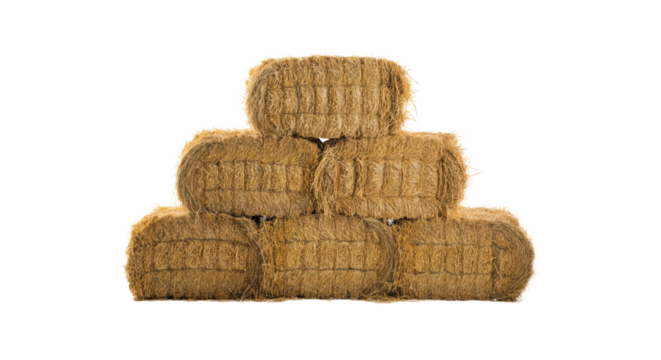 A stack of hay bales arranged in a pyramid shape on a plain background, highlighting agricultural storage techniques for farm use