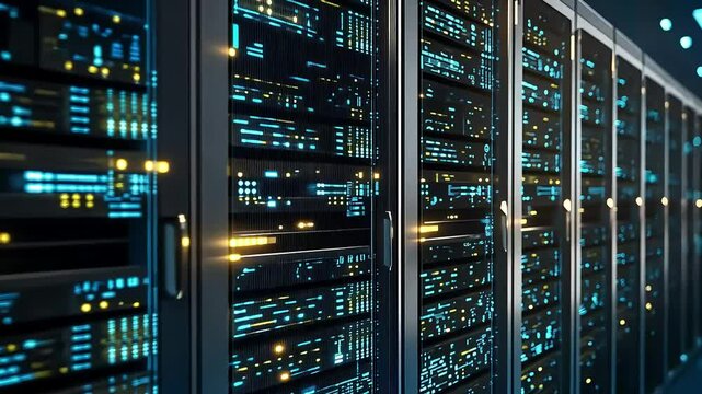 A close-up view of a modern data center filled with server racks, illuminated by vibrant blue and orange lights, showcasing advanced technology for data storage and processing.