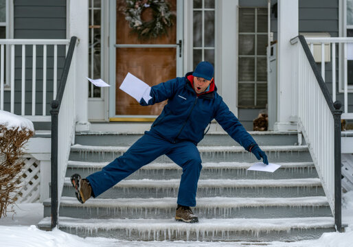Delivery worker slips on ice while carrying packages at a residential home during winter