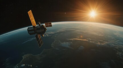 Obraz premium A satellite orbits Earth with a beautiful sunrise over the horizon.