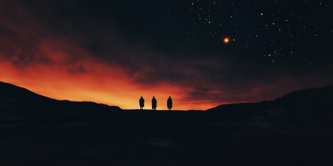 Fototapeta premium Minimalistic abstract background featuring the three wise men journeying under a starry night sky, biblical scene, religious concept
