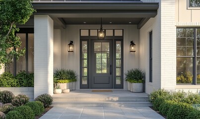 This grey modern farmhouse front door features a covered porch and is adorned with planters and light fixtures for added charm and curb appeal
