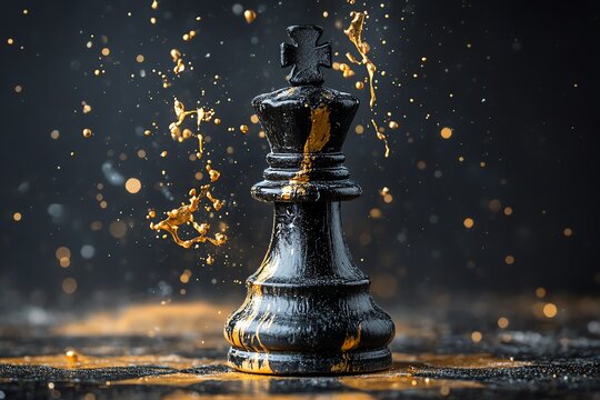 Pi&egrave;ce d'&eacute;chiquier avec &eacute;clats de peinture noire et dor&eacute;e sur fond sombre..