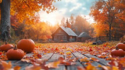 Authentic Thanksgiving Day traditions in a rural countryside, vegetable harvest outdoors and autumn leaves and trees background