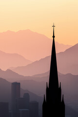 Obraz premium Stunning Cityscape Silhouette Against Sunset and Mountain Backdrop