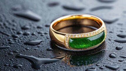 A close-up of a luxurious green gemstone ring adorned with diamonds, set against a wet surface, This image is ideal for jewelry advertisements, ecommerce sites, and luxury lifestyle blogs,