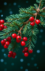 Yew branches with red berries close-up. Christmas card. New Year mood.