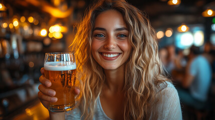 woman with beer in a bar