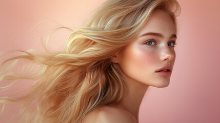 beautiful blond hair model side profile with a voluminous long luxury hairstyle