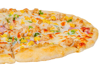 Pizza isolate. Macro photo of pizza with cheese, corn, chicken and bacon.